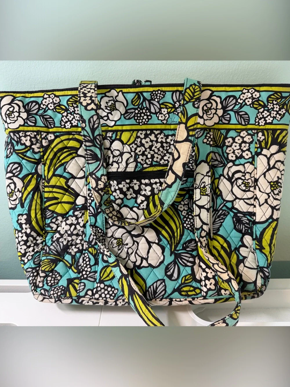 Vera Bradley Quilted Laptop Tote in Turquoise, Lime & Cream Floral